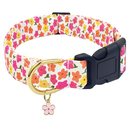 TEEMERRYCA Hundehalsband mit Blumendruck, strapazierfähiges Polyester-Verbundmaterial, verstellbar für kleine, mittelgroße und große Rassen, Geschenk für Haustiere (Hellrosa, M) von teemerryca