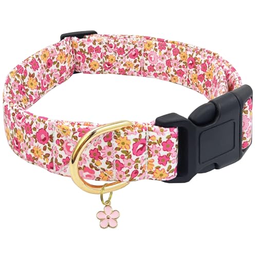 TEEMERRYCA Hundehalsband mit Blumendruck, strapazierfähiges Polyester-Verbundmaterial, verstellbar für kleine, mittelgroße und große Rassen, Geschenk für Haustiere (Rosa, Größe S) von teemerryca