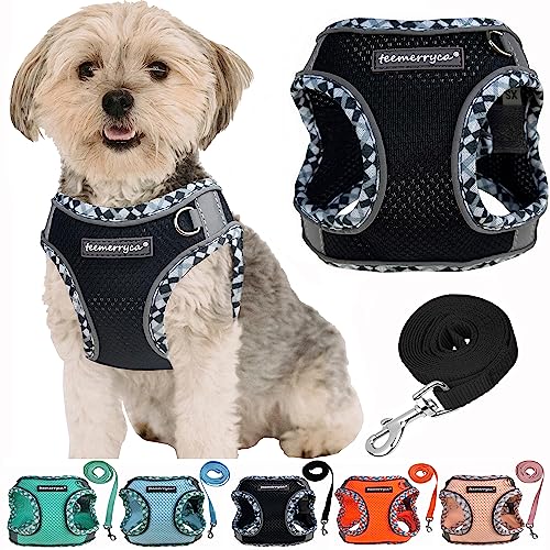 TEEMERRYCA No Pull Step In Small Dog Harness and Leash Set Easy On Easy Off Cat Harness, Reflective Adjustable Pet Dog Vest for Puppy and Extra Small Dogs and Kitties, Black, L von teemerryca