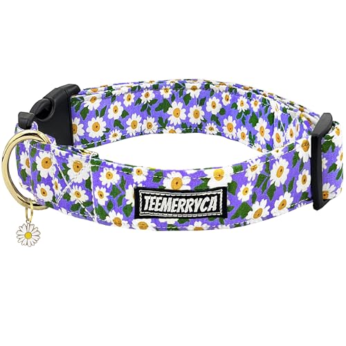 TEEMERRYCA Summer Purple Daisy Floral Cotton Dog Collars with a Adorable Flower Charm Beautiful Pet Collar for Medium Dogs Girl Boy, M TEEMERRYCA Summer Purple Daisy Floral Cotton Dog Collars with a Adorable Flower Charm Beautiful Pet Collar for Medium Dogs Girl Boy, M von teemerryca
