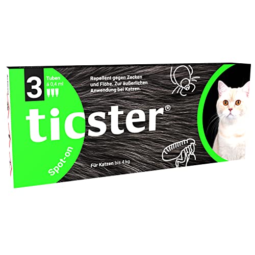 TICSTER Spot-on für Katzen bis 4 kg, Floh und Zeckenmittel (Lösung zum Auftropfen, Floh- & Zeckenschutz für bis zu 4 Wochen, effektives Flohmittel, natürlicher Wirkstoff, Inhalt: 3X 0,4ml) von ticster