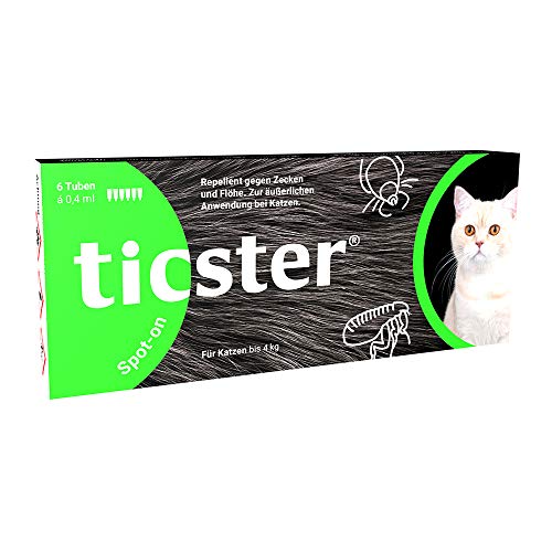 TICSTER Spot-on für Katzen bis 4 kg, Floh und Zeckenmittel (Lösung zum Auftropfen, Floh- & Zeckenschutz für bis zu 4 Wochen, effektives Flohmittel, natürlicher Wirkstoff, Inhalt: 6X 0,4ml) von ticster