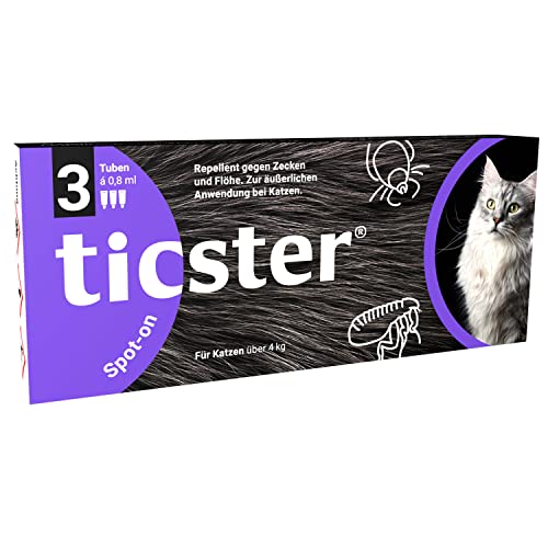 TICSTER Spot-on für Katzen zwischen 4-8 kg, Floh und Zeckenmittel (Lösung zum Auftropfen, Floh- & Zeckenschutz für bis zu 4 Wochen, effektives Flohmittel, natürlicher Wirkstoff, Inhalt: 3X 0,8ml) von ticster
