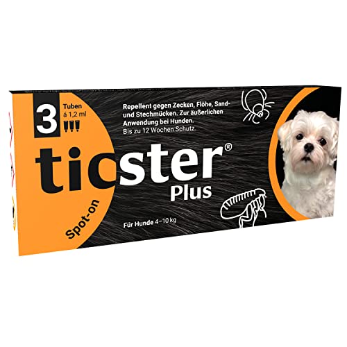 TICSTER Plus Spot-on für Hunde von 4 - 10 kg, Floh und Zeckenmittel (Lösung zum Auftropfen, auch gegen Sand- & Stechmücken, Zeckenschutz bis zu 4 Wochen, Insektenschutz für Hunde, Inhalt: 3x 1,2ml) von TICSTER