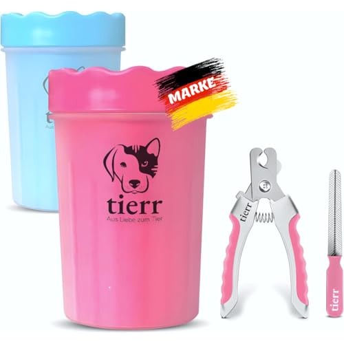 tierr Pfotenreiniger für Hunde | Entfernt Schmutz von Hundepfoten | Gründliche Reinigung mit weicher Bürste | spülmaschinenfest (Pink, Größe M + Krallenschere) von tierr