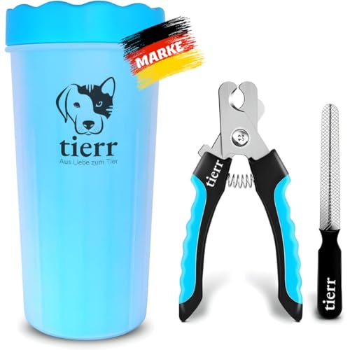 tierr Pfotenreiniger für Hunde | Entfernt Schmutz von Hundepfoten | Gründliche Reinigung mit weicher Bürste | spülmaschinenfest (Blau, Größe L + Krallenschere) von tierr