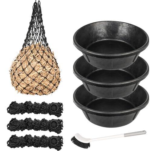 Gummi-Pferde-Futterpfannen-Set, 7 Stück, 6,5 l Näpfe mit 3 Stück 101,6 cm langsamen Heunetzen und 1 Bürste, strapazierfähiges, stapelbares, UV-beständiges Futterwannen-Set für Pferde, Schweine, Ziegen von tinnmao