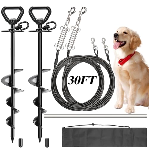 tinnmao Robustes Hunde-Auslaufkabel und Pfahl für große Hunde bis zu 68 kg, 2 x 90 m Leinen und 2 x 40 cm Anker, rostfrei/kaufest, verheddert sich nicht und schraubbarer Hundepfahl für Camping von tinnmao