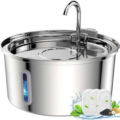 TOMXCUTE 3,2 l Katzenbrunnen Edelstahl mit Sichtfenster, Wasserhahn Trinkbrunnen für Katzen Terrier, Katzentrinkbrunnen spülmaschinenfest, Leiser Pumpe, Doppelfilter Hygienischer… von tomxcute