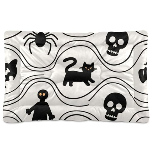 Halloween-Hundebett, Motiv: schwarze Katze, Spinne, Totenkopf, waschbar, weich, rutschfest, für mittelgroße und große Hunde, 91,4 x 61 cm von tplaotee