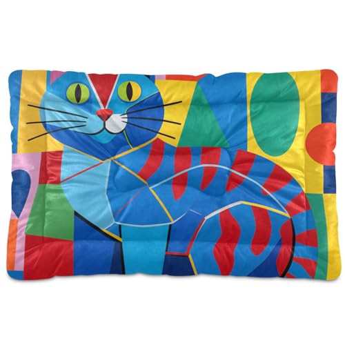tplaotee Blaue Katze im Stil einer waschbaren Haustierbett-Matte, rutschfest, weich, bequem, Hundekäfig-Matte für große, mittelgroße und kleine Hunde, 91,4 x 61 cm von tplaotee