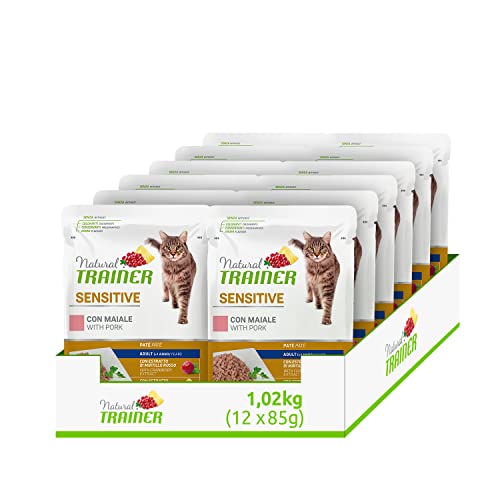 Natural Trainer Sensitive Sterilised Nassfutter für Erwachsene Katzen mit Schweinefleisch – 12 Beutel x 85 g – 1020 g von trainer