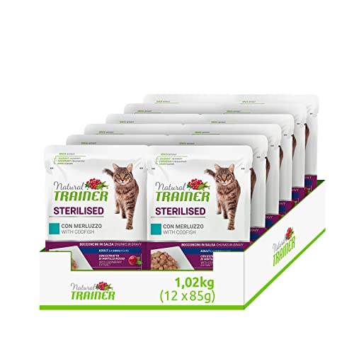 Natural Trainer Sterilised Nassfutter für Erwachsene Katzen mit Kabeljau, 12 Beutel x 85 g, 1020 g von trainer