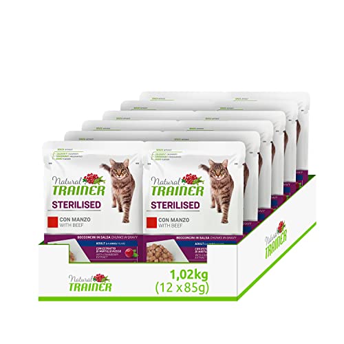 Natural Trainer Sterilised Nassfutter für Erwachsene Katzen mit Rind - 12 Beutel x 85 g - 1020 g von trainer