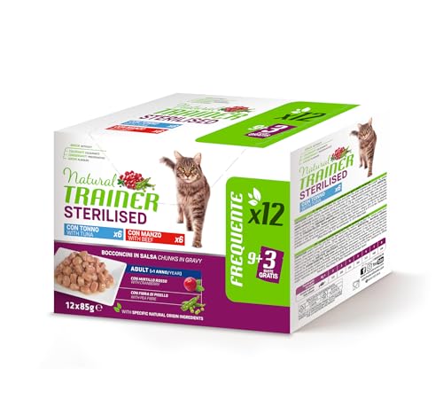 Trainer Sterilisiertes Nassfutter für erwachsene Katzen, Multipack Thunfisch und Rindfleisch, 12 x 85 g von trainer