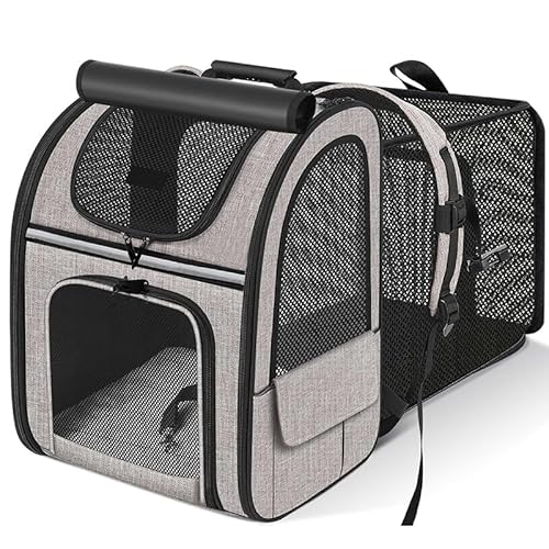 Katzentasche, tragbarer Katzenrucksack, erweiterbare Haustier-Outing-Tasche, atmungsaktiv, faltbar, Katzenhandgepäck-Rucksack (Grau und Schwarz) von trmqnaf