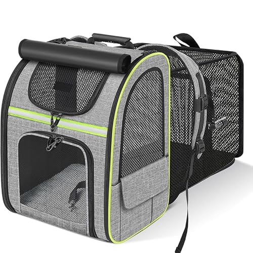 Katzentasche, tragbarer Katzenrucksack, erweiterbare Haustier-Outing-Tasche, atmungsaktiv, faltbar, Katzenhandgepäck-Rucksack (grau und grün) von trmqnaf