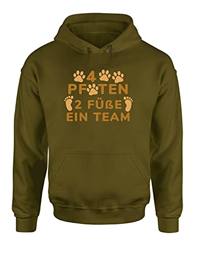 4 Pfoten 2 Füße EIN Team Hoodie Unisex Hundehalter Spruchshirt fürs Frauchen und Herrchen, Farbe: Olive, Größe: Large von tshirtladen