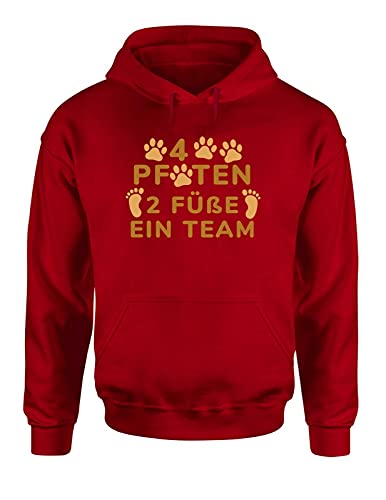 4 Pfoten 2 Füße EIN Team Hoodie Unisex Hundehalter Spruchshirt fürs Frauchen und Herrchen, Farbe: Rot, Größe: Medium von tshirtladen