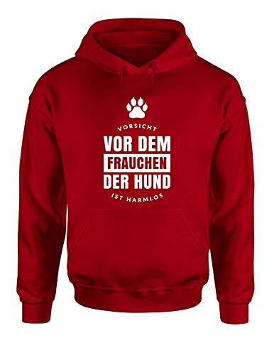 Hunde Vorsicht vor dem Frauchen Hoodie Unisex Hundesprüche Spruchshirt fürs Herrchen und Frauchen, Farbe: Rot, Größe: Small von tshirtladen