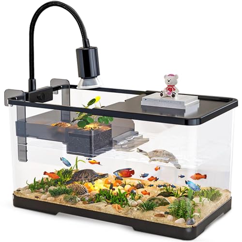 (Tank + Licht + Filter + Filterbälle) Schildkröten-Tank-Kit, Schildkröten-Tank-Starter-Set, Bodenentwässerung, Multifunktionsbereiche für Schildkröten, Krabben, Fische, Amphibien, Reptilien (40 x 21 x von tuhaoking