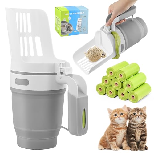 Cat Litter Tray Scoop, 2-in-1 Cat Litter Scoop, Litter Scoop with Container, Removable Dirt-Free Disposal Bucket, Foldable Cat Litter Scoop with 9 Rolls of Waste Bags, for Cat and Dog von twirush