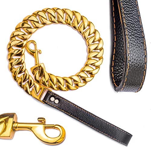 Big Chew Proof Dog Leash for Large Dogs, txprodogchains 32MM Thick Gold Chain Leash Heavy Duty Chain Dog Leash Stainless Steel Dog Leash Chain with Leather Padded Handle(Gold, 3FT) von txprodogchains