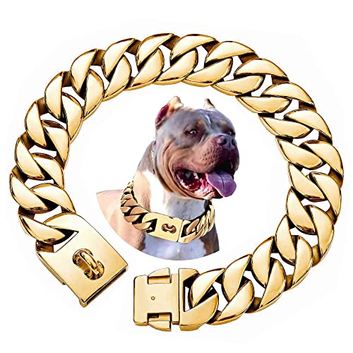 txprodogchains Big Dog Chain Halsband mit Schnalle, stark, strapazierfähig, 32 mm dick, Edelstahl, Metall, 18 Karat Gold, kubanische Gliederkette, Halsband für mittelgroße Hunde (45,7 cm) von txprodogchains