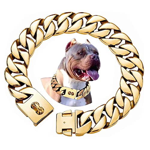 txprodogchains Große Hundekette mit Schnalle, stark, strapazierfähig, 32 mm dick, Edelstahl, Metall, 18 Karat Gold, kubanische Gliederkette, Halsband für große Hunde (66 cm) von txprodogchains