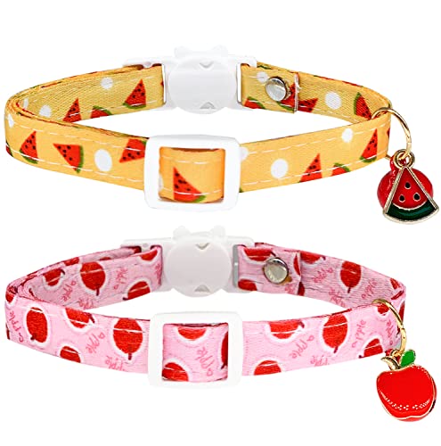 Katzenhalsbänder mit Glöckchen – 2 Stück Katzen-Sicherheitshalsbänder für Jungen & Mädchen Katzen – Sicherheitsschnalle Kätzchenhalsband Wassermelone Apfel Fruit Style Kitty Halsbänder (Gelb & Rosa) von tyeoo