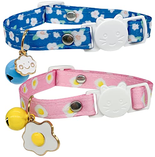 Tyeoo Katzenhalsbänder mit Glöckchen – 2 Stück Katzen-Sicherheitshalsbänder für Jungen und Mädchen – Sicherheitsschnalle, Kätzchenhalsband, Wolkenblume und Spiegelei-Stil (Blau und Rosa) von tyeoo