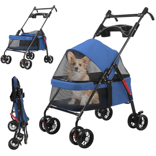ulafbwur Haustier Kinderwagen für kleine Hunde und Katzen, Faltbarer Hundewagen mit verstellbarem Griff, 4 Räder, atmungsaktives Netzgewebe, Getränkehalter, hundebuggy bis 10kg Blau von ulafbwur