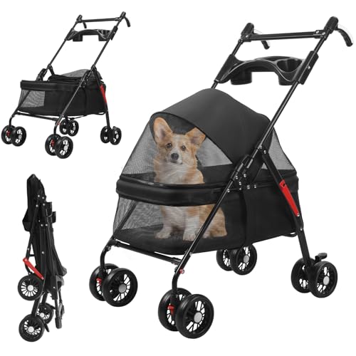 ulafbwur Haustier Kinderwagen für kleine Hunde und Katzen, Faltbarer Hundewagen mit verstellbarem Griff, 4 Räder, atmungsaktives Netzgewebe, Getränkehalter, hundebuggy bis 10kg Schwarz von ulafbwur