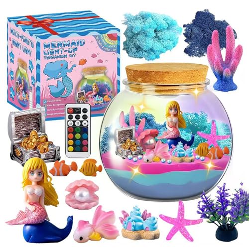 Nachtlicht, Terrarium, beleuchtet, Unterwäsche, Terrarium-Set für Mädchen mit Fernbedienung, Meerjungfrauen-Terrarium-Set für Mädchen, pädagogische Kunst und Handwerk, Aquarium mit Meerestieren von ulapithi