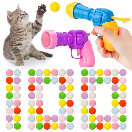 umorismo 2 Stück Plüschball-Schießpistole für Katzen, Katzenballpistole, interaktives Spielzeug, Katzenballspielzeug, Startpistole mit 100 Bällen, Katzenball-Spielzeugwerfer für Katzen von umorismo