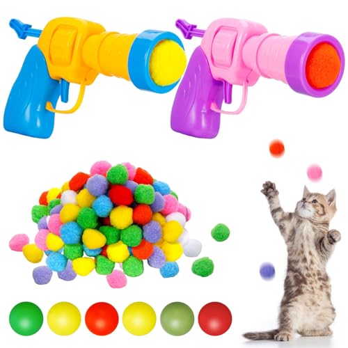 umorismo 2pcs Fuzzy Ball Shooter for Cats, interactive Cat Toys Cat Ball Toy Launcher Plush Ball Shooting Gun Puff Cat Ball Gun Toy with 50 Pcs Pom Balls And 6pcs Cat Bouncy Balls von umorismo