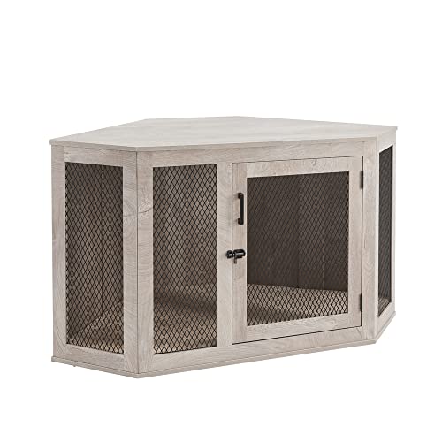unipaws Eck-Hundebox mit Kissen, Hundehütte mit Holz und Netz, Hundehütte, Haustierbox für den Innenbereich, mittelgroß, wettergrau von unipaws