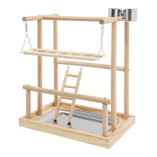 Papageienspielstation aus Holz mit Leiter & Kletterschaukel | 45.5cm Mehrstufen-Spielregal für Sittiche/Loris – Inkl. Futterstation & KOT-Tablett | Starker Holz-Vogelspielstand (Handgefertigt) von ureggvbu