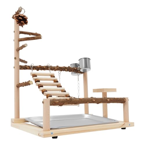 Vogelspielplatz aus Holz mit Schaukel & Leiter | Komplettset für Papageien & Sittiche (37x26x45cm) – Inkl. Edelstahl-Tablett & Näpfen | Natürlicher Papageienspielplatz zum Klettern/Trimmen von ureggvbu