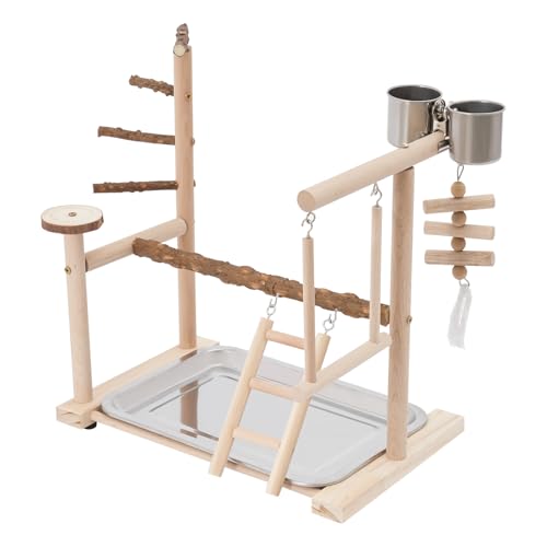 Zweistöckiges Papageien-Vogelspielgerät aus Holz | Mit Leiter, Schaukel & Futterstation | 36x23x39cm für Sittiche/Kakadus – Inkl. Anti-Rutsch-Füßen & Kotauffangtablett (Holzoptik) von ureggvbu