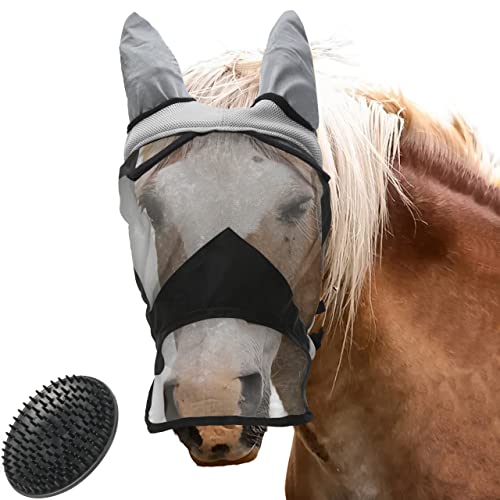 valuents Fliegenmaske für Pferde in grau – Fliegenhaube – Nüsternschutz – UV Schutz – in 4 Größen für Pony +Plus: Pferdebürste von valuents