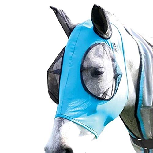 Elastische Pferdefliegenmaske mit Ohren Lycra Atmungsaktives Netz Sichtbare Abdeckung Schützt die Augen Ohren vor Insekten Staubmücken Comfort Fit UV-Schutz Reitausrüstung für Pferde Blau von vannawong