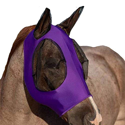 Elastische Pferdefliegenmaske mit Ohren Lycra Atmungsaktives Netz Sichtbare Abdeckung Schützt die Augen Ohren vor Insekten Staubmücken Comfort Fit UV-Schutz Reitausrüstung für Pferde LILA von vannawong