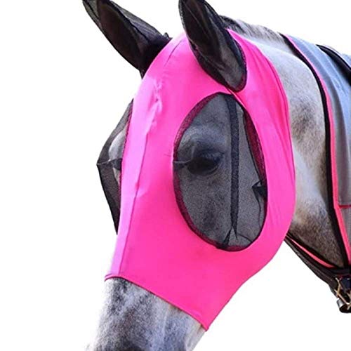 Elastische Pferdefliegenmaske mit Ohren Lycra Atmungsaktives Netz Sichtbare Abdeckung Schützt die Augen Ohren vor Insekten Staubmücken Comfort Fit UV-Schutz Reitausrüstung für Pferde Pink von vannawong