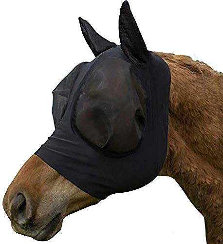 Elastische Pferdefliegenmaske mit Ohren Lycra Atmungsaktives Netz Sichtbare Abdeckung Schützt die Augen Ohren vor Insekten Staubmücken Comfort Fit UV-Schutz Reitausrüstung für Pferde Schwarz von vannawong