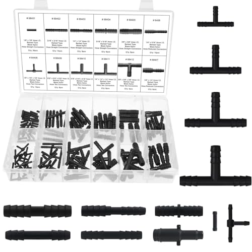 113 Stück Schlauchverbinder Set, T-Verbinder Schlauchverbinder 4mm 5mm 6mm Warten auf 12 Größen,Schwarzer T-Schlauchverbinder,für Scheibenwaschanlagenschläuche,Gartenschläuche und Bewässerungssysteme von vcsjw