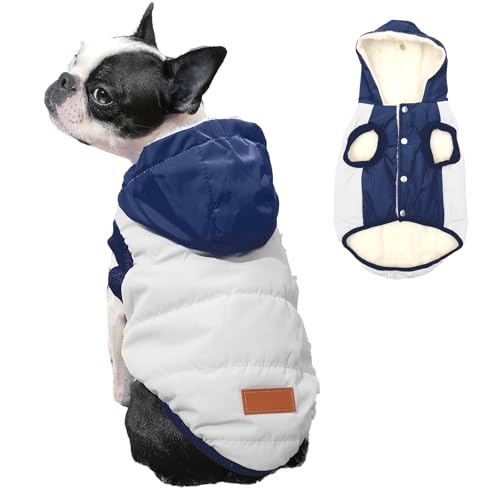 Vecomfy Hunde-Kapuzenpullover mit Fleecefutter, extra warm, für den Winter für kleine Hunde, Hundejacke mit Kapuze, Beige und Blau, Größe M von vecomfy