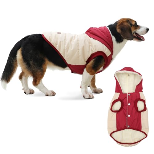 Vecomfy Hunde-Kapuzenpullover mit Fleecefutter, extra warm, im Winter für große Hunde, mit Kapuze, Beige und Rot, Größe XXL von vecomfy