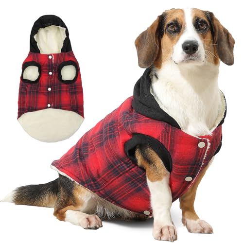 Vecomfy Hunde-Kapuzenpullover mit Fleecefutter, für große Hunde, extra warm, kariert, mit Kordelzug, Kapuzenmantel, Winterjacke, Rot, Größe XXL von vecomfy