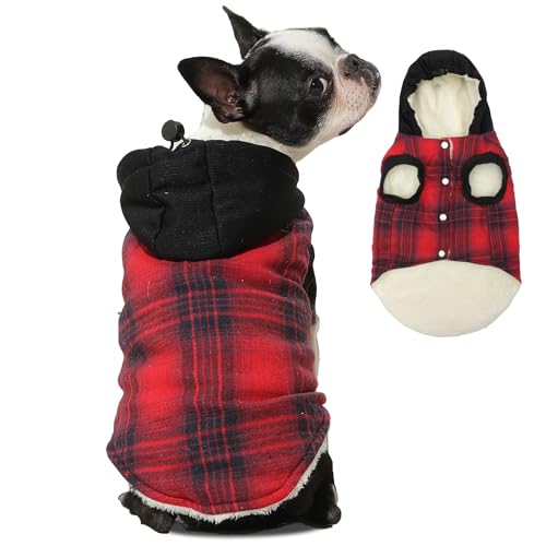 Vecomfy Hunde-Kapuzenpullover mit Fleecefutter, für kleine Hunde, extra warm, kariert, mit Kordelzug, Kapuzenmantel, Winterjacke, Rot, Größe S von vecomfy